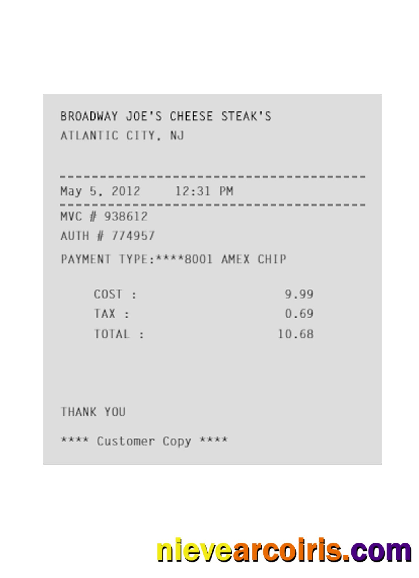 BROADWAY JOE'S CHEESE STEAK'S payment receipt